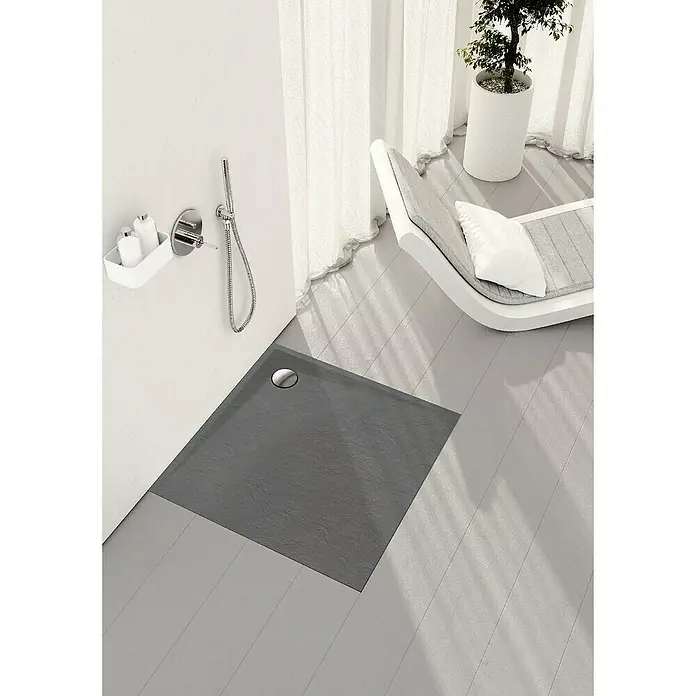 Duschboard Velto - L x B: 90 x 90 cm, Anthracite Stone, Materialspezifizierung: Mattierte Oberfläche mit Steinstruktur - Graue Duschwanne mit Ablauf in einem modernen Badezimmer mit minimalistischem Design und entspannender Atmosphäre.