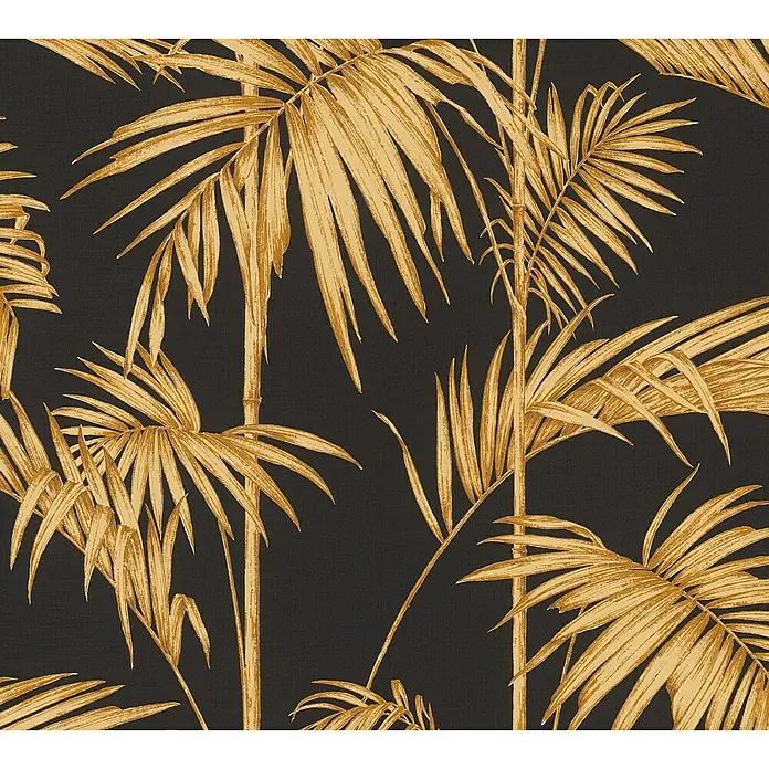 A.S. Création Metropolitan Stories Vliestapete Gräser - Schwarz/Gold, Floral, 10,05 x 0,53 m - Goldfarbene Palmenblätter auf einem dunklen Hintergrund.