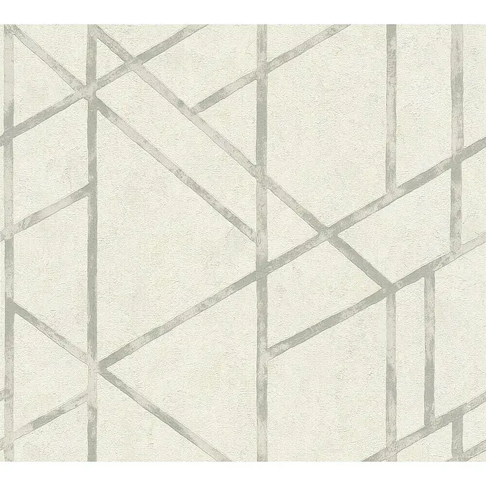 A.S. Création Metropolitan Stories Vliestapete Geometrie - Weiß/Grau, Grafisch, 10,05 x 0,53 m - Abstraktes geometrisches Tapetenmuster mit sich kreuzenden, blassgrauen Linien auf einem cremefarbenen Hintergrund.
