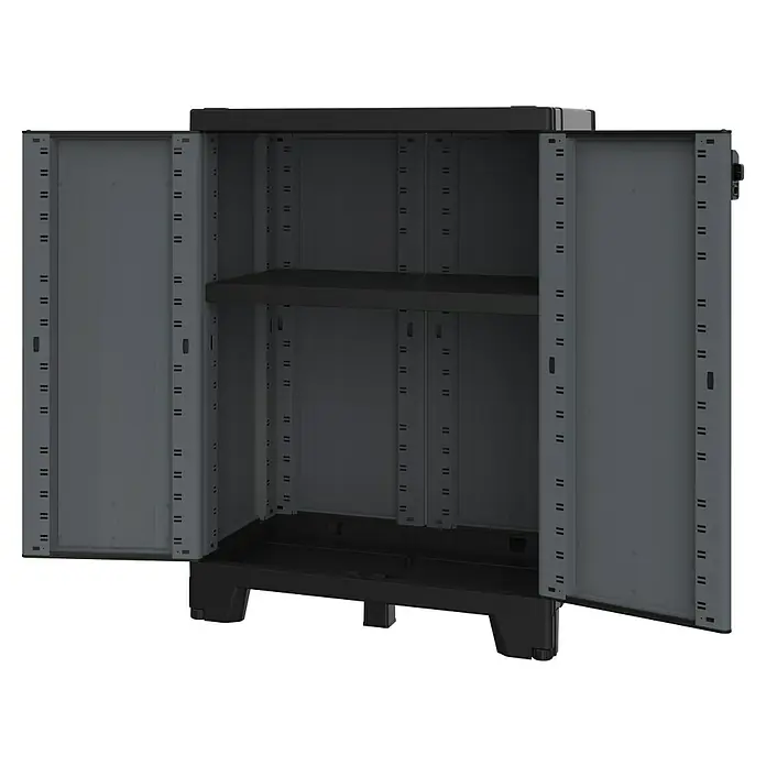 Terry Armario multiusos de plástico  Alto + Bajo Ardesia - Gris oscuro/Negro - Armario abierto de plástico gris con un estante.