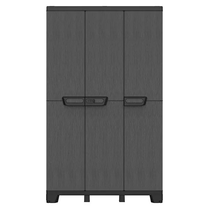 Terry Armario multiusos de plástico  Ardesia - Gris oscuro/Negro, 2 piezas - Armario de tres puertas, ideal para el almacenamiento interior y exterior. El armario es gris oscuro y está hecho de plástico.