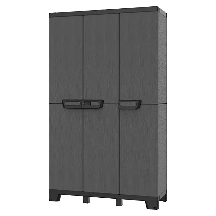 Terry Armario multiusos de plástico  Ardesia - Gris oscuro/Negro, 2 piezas - Armario utilitario gris de tres puertas, ideal para guardar herramientas y equipos de jardinería en espacios exteriores.