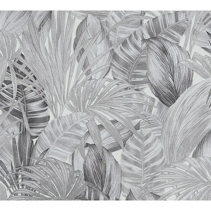 A.S. Création Greenery Vliestapete Dschungel - Schwarz/Weiß, Floral, 10,05 x 0,53 m - Detailaufnahme einer grauen Tapete mit tropischen Blättern, die ein entspannendes und natürliches Ambiente schafft.