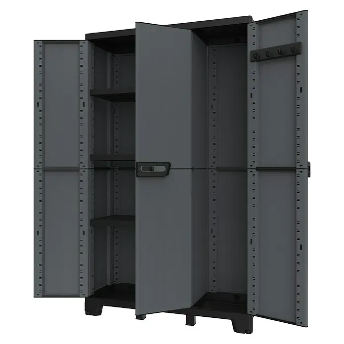 Terry Armario multiusos de plástico  Ardesia - Gris oscuro/Negro, 2 piezas - Imagen de un armario de plástico gris abierto con múltiples estantes y perchas, ideal para la organización del hogar.
