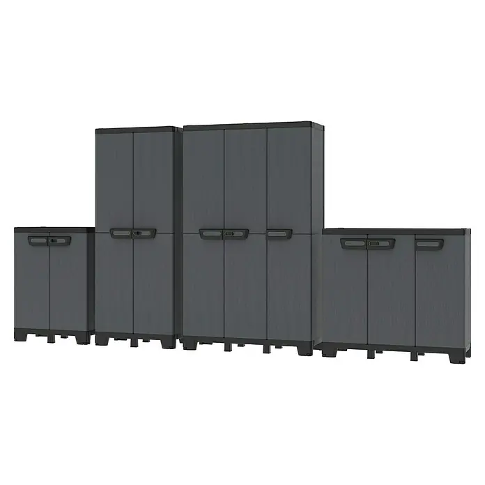 Terry Armario multiusos de plástico  Ardesia - Gris oscuro/Negro, 2 piezas - Esta imagen muestra una disposición de armarios de almacenamiento grises diseñados para la organización al aire libre, perfectos para garaje o jardín.