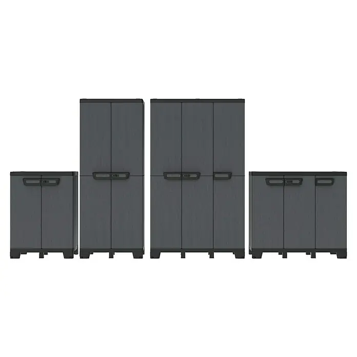Terry Armario multiusos de plástico  Ardesia - Gris oscuro/Negro, 2 piezas - La imagen muestra armarios de almacenamiento de plástico gris, ideales para la organización exterior, con manijas prácticas y un diseño duradero.