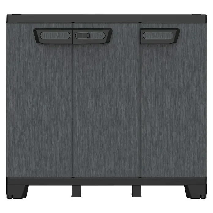 Terry Armario multiusos de plástico  Ardesia - Gris oscuro/Negro, 2 piezas - La imagen muestra un armario de almacenamiento gris para exteriores con tres puertas y asas negras. Ideal para jardín o patio.