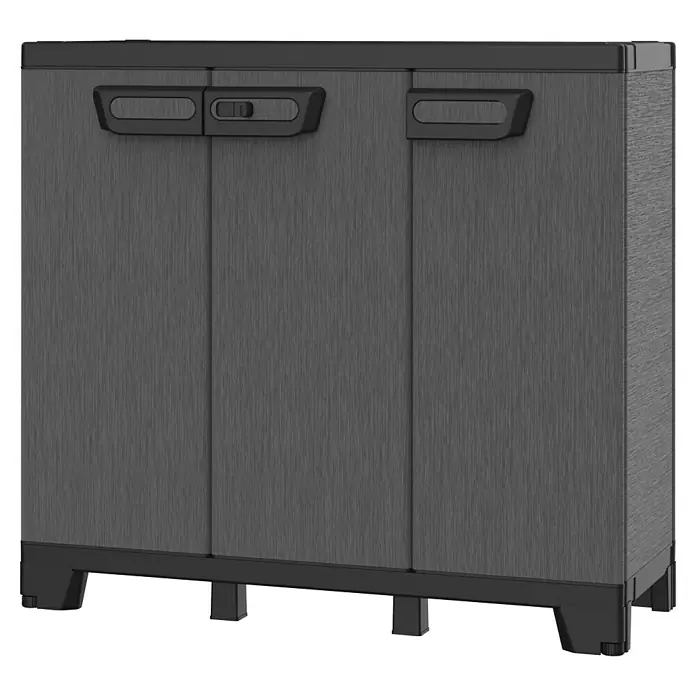 Terry Armario multiusos de plástico  Ardesia - Gris oscuro/Negro, 2 piezas - Foto de un armario de almacenamiento exterior gris con tres puertas y asas, ideal para jardín o patio.
