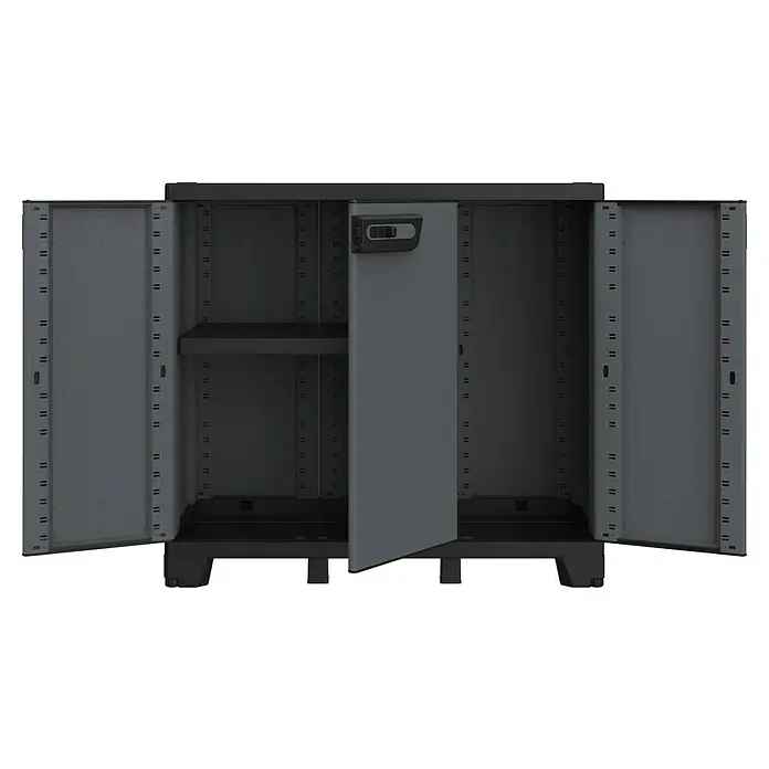 Terry Armario multiusos de plástico  Ardesia - Gris oscuro/Negro, 2 piezas - Imagen de un armario de plástico gris con estantes y puertas abiertas, adecuado para almacenamiento interior y exterior.