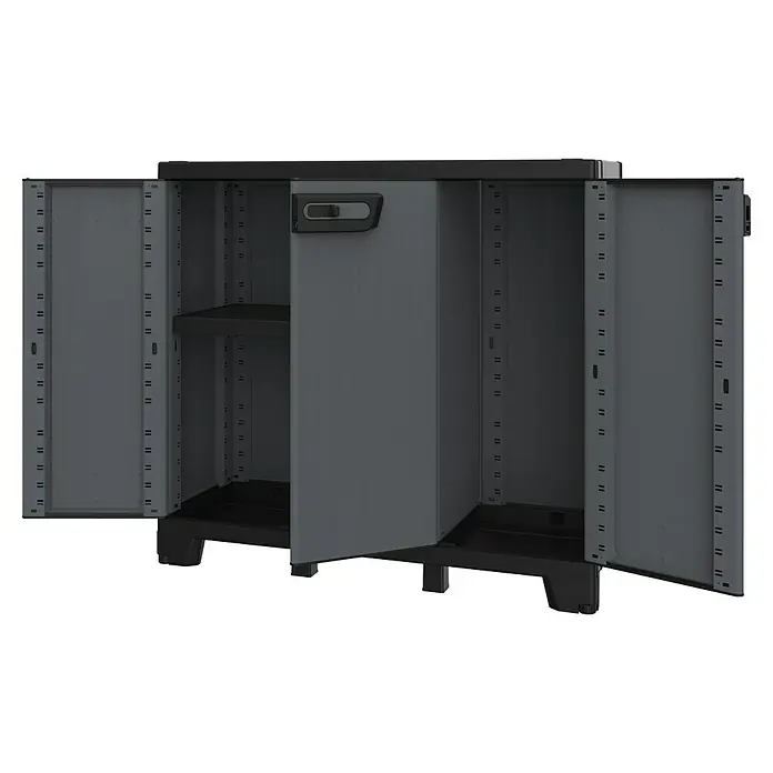 Terry Armario multiusos de plástico  Ardesia - Gris oscuro/Negro, 2 piezas - Una vista de un armario gris con puertas abiertas, que ofrece opciones de almacenamiento. Ideal para organizar objetos.