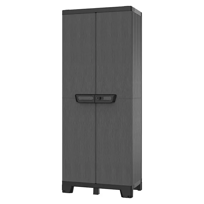 Terry Armario multiusos de plástico  Alto + Bajo Ardesia - Gris oscuro/Negro - Un armario de plástico gris con dos puertas y asas negras, ideal para el almacenamiento en interiores. El armario está sobre una base negra.