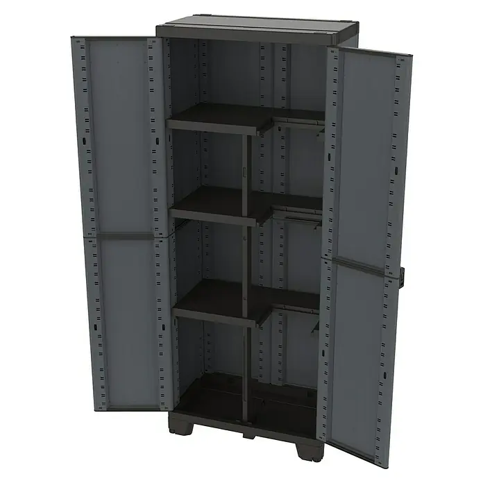 Terry Kunststoff-Mehrzweckschrank CAB 2680 ARDESIA - H x B x T: 172 x 39 x 68 cm, Schwarz - Aufnahme eines offenen grauen Metallschranks mit mehreren Regalen.