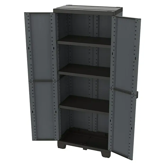 Terry Kunststoff-Mehrzweckschrank CAB 2680 ARDESIA - H x B x T: 172 x 39 x 68 cm, Schwarz - Geräumiger grauer Lagerschrank mit offenen Türen und drei Regalen, ideal zur Aufbewahrung verschiedener Gegenstände.