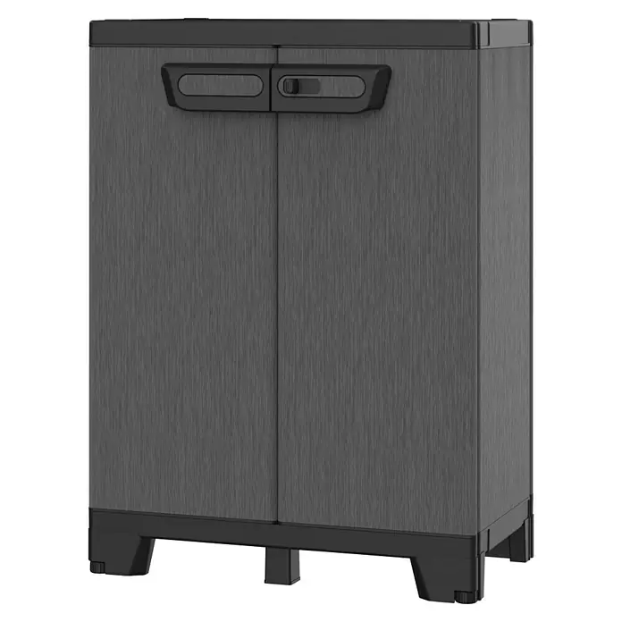 Terry Armario multiusos de plástico  Alto + Bajo Ardesia - Gris oscuro/Negro - Imagen de un armario de almacenamiento exterior gris con dos puertas y asas negras.