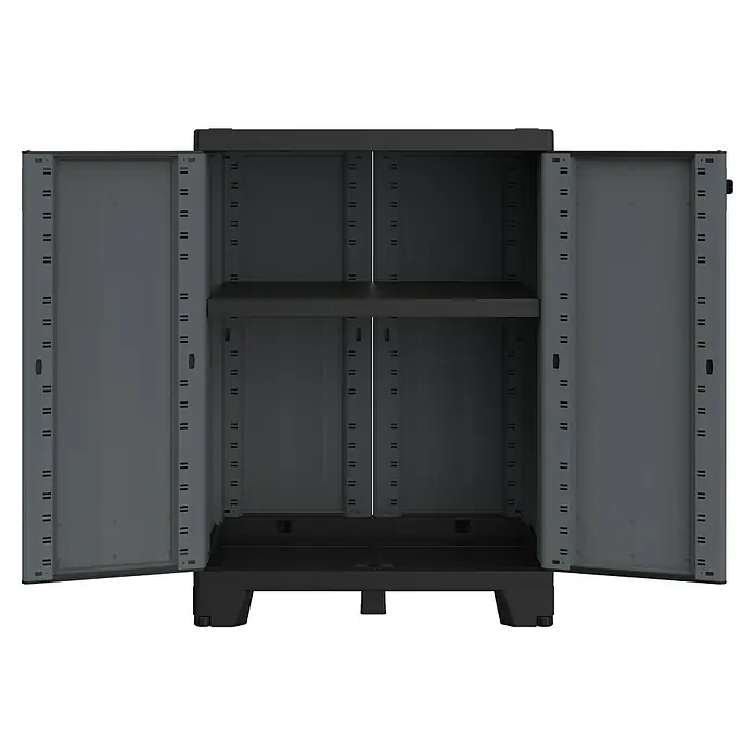 Terry Kunststoff-Mehrzweckschrank CAB 680 ARDESIA - H x B x T: 93,5 x 39 x 68 cm, Schwarz - Ein grauer, offener Kunststoffschrank mit zwei Regalen und vielen kleinen Schlitzen für eine variable Regalanordnung. Ideal zur Aufbewahrung.
