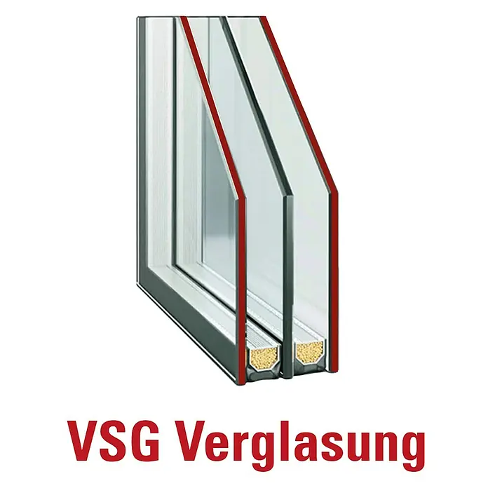 Splendoor Haustür Thermodoor PLUS SP45 Black Design - 110 x 210 cm, DIN Anschlag: Rechts, Verkehrsweiß/Tiefschwarz - Abbildung einer VSG-Verglasung, die die Konstruktion und Sicherheitsmerkmale dieses Fenstertyps hervorhebt.