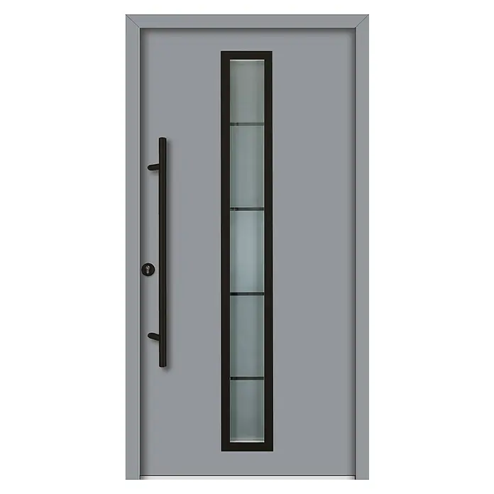 Splendoor Haustür Thermodoor PLUS SP70 Black Design - 110 x 210 cm, DIN Anschlag: Links, Verkehrsgrau/Tiefschwarz - Graue moderne Haustür mit senkrechtem Fenster und schwarzem Griff.