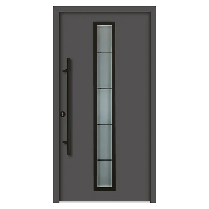 Splendoor Haustür Thermodoor PLUS SP70 Black Design - 110 x 210 cm, DIN Anschlag: Links, Anthrazitgrau Feinstruktur/Tiefschwarz - Graue Haustür mit einem schmalen, vertikalen Fenster und einem langen, schlanken Griff. Moderne Optik für einen stilvollen Eingangsbereich.