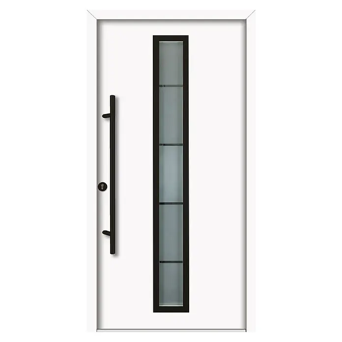 Splendoor Haustür Thermodoor PLUS SP70 Black Design - 100 x 210 cm, DIN Anschlag: Links, Verkehrsweiß/Tiefschwarz - Modernes weißes Hauseingangstürdesign mit schlankem, vertikalem Fensterbereich und einem langen, schwarzen Griff für einen stilvollen Eingang.