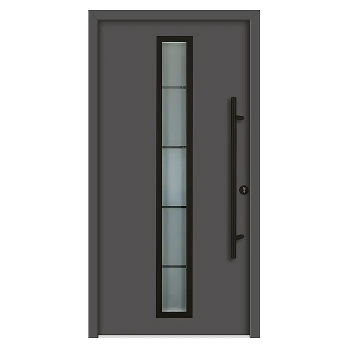 Splendoor Haustür Thermodoor PLUS SP70 Black Design - 110 x 210 cm, DIN Anschlag: Rechts, Anthrazitgrau Feinstruktur/Tiefschwarz - Graue Haustür mit schmalem, vertikalem Fenster und langem, schwarzem Türgriff. Modernes Design für einen einladenden Eingangsbereich.