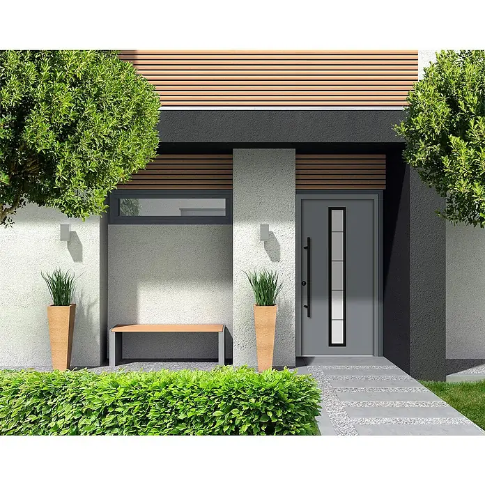 Splendoor Haustür Thermodoor PLUS SP70 Black Design - 110 x 210 cm, DIN Anschlag: Links, Verkehrsgrau/Tiefschwarz - Moderne Haustür mit elegantem Design, inklusive schmalem Fenster, das für zusätzliches Licht sorgt. Ideal für stilvolle Hauseingänge.