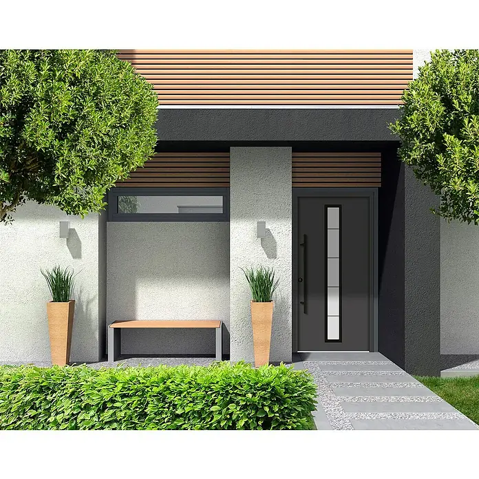 Splendoor Haustür Thermodoor PLUS SP70 Black Design - 110 x 210 cm, DIN Anschlag: Links, Anthrazitgrau Feinstruktur/Tiefschwarz - Moderne Haustür in Anthrazitgrau mit vertikalem Glaseinsatz, eingebettet in eine stilvolle Fassade mit Holzelementen und üppigem Grün.