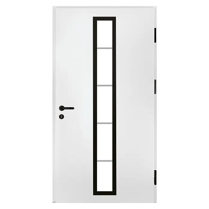 Splendoor Haustür Thermodoor PLUS SP70 Black Design - 100 x 210 cm, DIN Anschlag: Rechts, Verkehrsweiß/Tiefschwarz - Eine moderne, weiße Eingangstür mit einem vertikalen, schwarzen Glaseinsatz und minimalistischem Türgriff.