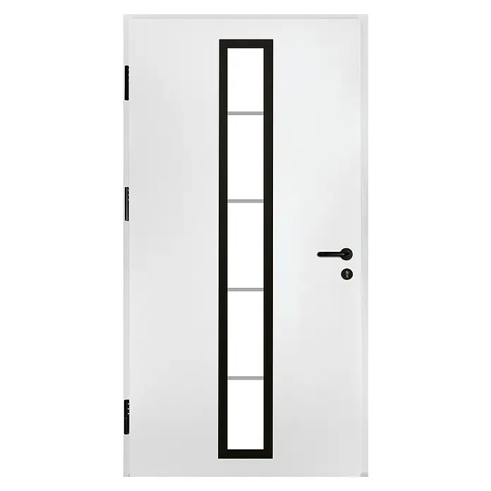 Splendoor Haustür Thermodoor PLUS SP70 Black Design - 100 x 210 cm, DIN Anschlag: Links, Verkehrsweiß/Tiefschwarz - Eine moderne weiße Tür mit einem länglichen schwarzen Fensterrahmen, der in drei Abschnitte unterteilt ist, mit schwarzen Beschlägen.