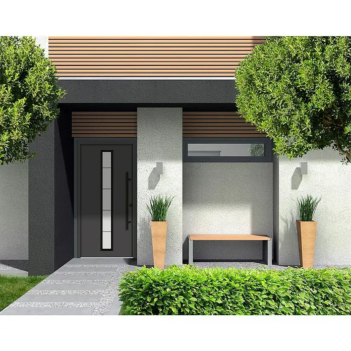 Splendoor Haustür Thermodoor PLUS SP70 Black Design - 110 x 210 cm, DIN Anschlag: Rechts, Anthrazitgrau Feinstruktur/Tiefschwarz - Bild einer modernen Haustür in Grau mit rechteckigen Glaseinsätzen. Der Eingangsbereich ist stilvoll mit Pflanzen und einer Bank dekoriert.