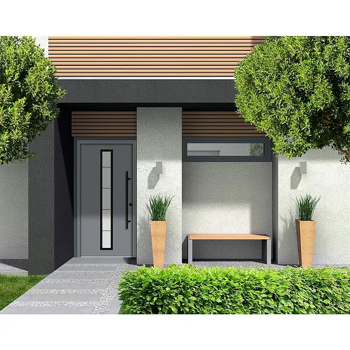 Splendoor Haustür Thermodoor PLUS SP70 Black Design - 110 x 210 cm, DIN Anschlag: Rechts, Verkehrsgrau/Tiefschwarz - Moderne Haustür mit vertikalem Fensterband in einem stilvollen Gebäude, umgeben von Grünpflanzen. Einladender Eingangsbereich mit zeitgenössischem Design.