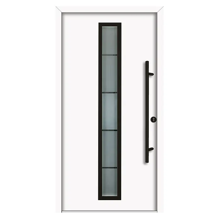 Splendoor Haustür Thermodoor PLUS SP70 Black Design - 100 x 210 cm, DIN Anschlag: Rechts, Verkehrsweiß/Tiefschwarz - Weiße Haustür mit schmalem, senkrechtem Fensterbereich und langem, schwarzem Türgriff. Einbruchsicher und stilvoll.