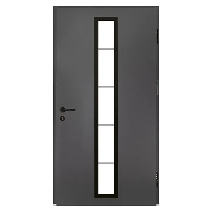 Splendoor Haustür Thermodoor PLUS SP70 Black Design - 110 x 210 cm, DIN Anschlag: Rechts, Anthrazitgrau Feinstruktur/Tiefschwarz - Graue Eingangstür mit vertikalem Fenster in der Mitte, das in drei Abschnitte unterteilt ist, mit Griff und Schloss auf der linken Seite.