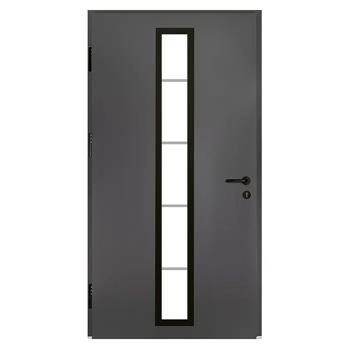 Splendoor Haustür Thermodoor PLUS SP70 Black Design - 110 x 210 cm, DIN Anschlag: Links, Anthrazitgrau Feinstruktur/Tiefschwarz - Eine moderne graue Tür mit einem vertikalen Fensterbereich und einem eleganten schwarzen Griff. Sie ist perfekt für moderne Wohnräume.