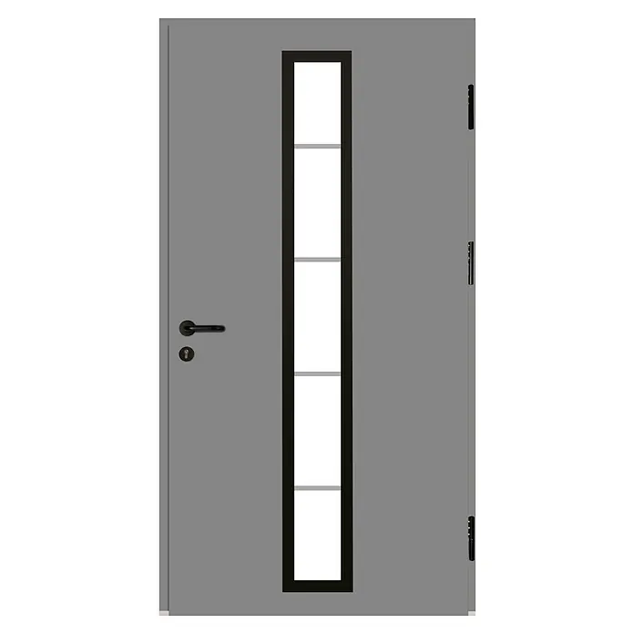 Splendoor Haustür Thermodoor PLUS SP70 Black Design - 110 x 210 cm, DIN Anschlag: Rechts, Verkehrsgrau/Tiefschwarz - Graue Tür mit senkrechtem Fenster und schwarzem Rahmen, Griff links und Beschläge rechts.