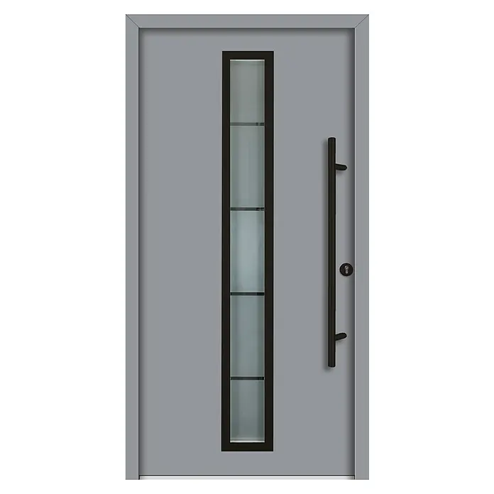 Splendoor Haustür Thermodoor PLUS SP70 Black Design - 110 x 210 cm, DIN Anschlag: Rechts, Verkehrsgrau/Tiefschwarz - Graue Haustür mit schmalem, senkrechtem Fenster und langem, elegantem Griff. Die moderne Tür bietet einen stilvollen Eingangsbereich.