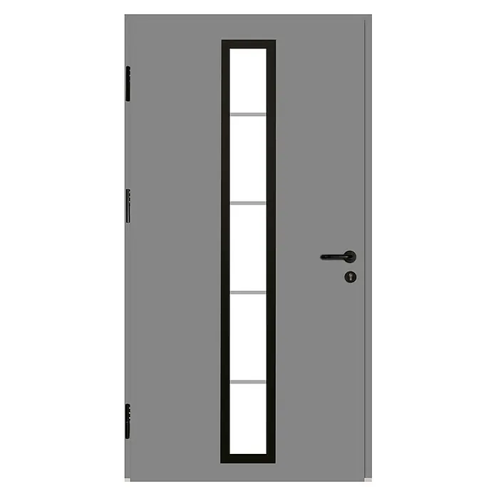 Splendoor Haustür Thermodoor PLUS SP70 Black Design - 110 x 210 cm, DIN Anschlag: Links, Verkehrsgrau/Tiefschwarz - Graue Haustür mit schmalem, vertikalem Fensterband und schwarzem Türgriff. Stilvolles Design für einen modernen Eingangsbereich.