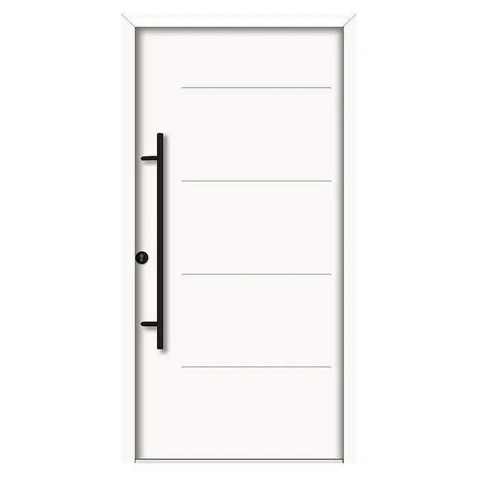 Splendoor Haustür Thermodoor PLUS SPL Black Design - 100 x 210 cm, DIN Anschlag: Links, Verkehrsweiß - Weiße moderne Tür mit horizontalen Nuten und einem langen, schwarzen Griff, ideal für zeitgenössische Wohnräume.\n