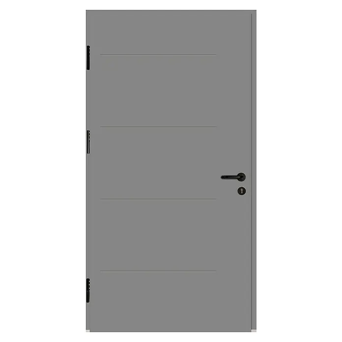 Splendoor Haustür Thermodoor PLUS SPL Black Design - 110 x 210 cm, DIN Anschlag: Links, Verkehrsgrau - Graue Innentür mit horizontalen Zierleisten und schwarzem Türgriff.