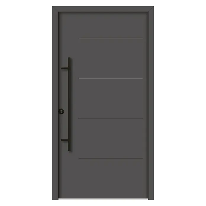Splendoor Haustür Thermodoor PLUS SPL Black Design - 100 x 210 cm, DIN Anschlag: Links, Anthrazitgrau Feinstruktur - Graue Haustür mit geraden, waagerechten Linien und einem langen, vertikalen Griff, die ein modernes und elegantes Design bietet.