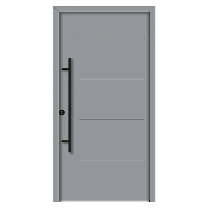 Splendoor Haustür Thermodoor PLUS SPL Black Design - 110 x 210 cm, DIN Anschlag: Links, Verkehrsgrau - Graue Haustür mit geriffelter Oberfläche, vertikalem Griff und silbernem Rahmen. Ein modernes und stilvolles Design für jeden Eingang.