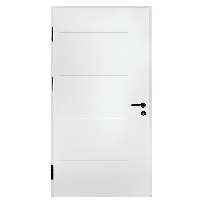Splendoor Haustür Thermodoor PLUS SPL Black Design - 100 x 210 cm, DIN Anschlag: Links, Verkehrsweiß - Eine moderne weiße Tür mit horizontalen Rillen und einem schwarzen Türgriff.