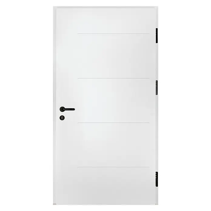 Splendoor Haustür Thermodoor PLUS SPL Black Design - 110 x 210 cm, DIN Anschlag: Rechts, Verkehrsweiß - Eine moderne, weiße Tür mit horizontalen Zierlinien und schwarzen Beschlägen, die einen eleganten Kontrast bietet und das minimalistische Design hervorhebt.