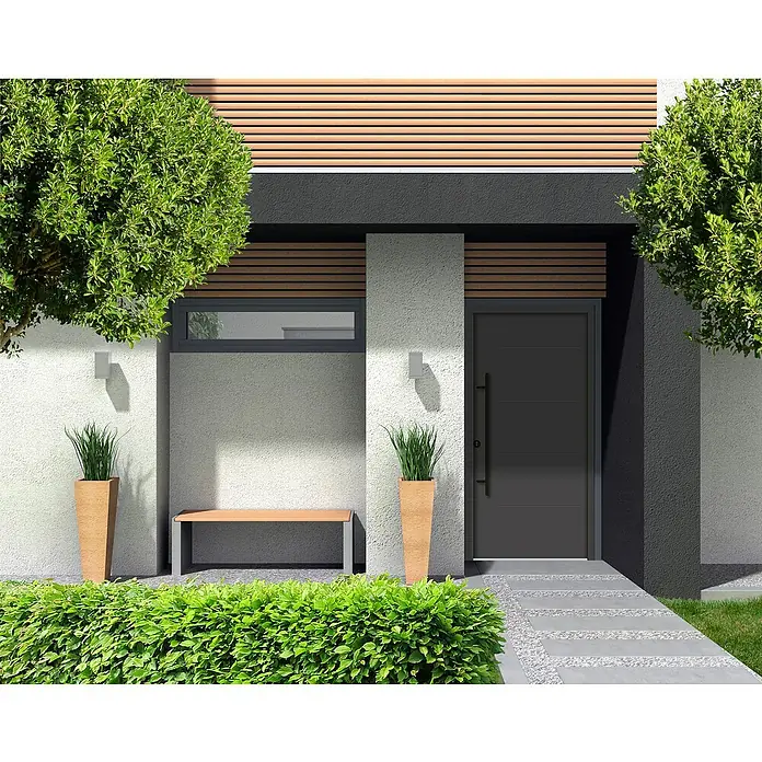 Splendoor Haustür Thermodoor PLUS SPL Black Design - 100 x 210 cm, DIN Anschlag: Links, Anthrazitgrau Feinstruktur - Ein modernes Haustürdesign mit grauem Türblatt, horizontalen Linien, langem Griff und passenden Pflanzgefäßen für einen stilvollen Eingangsbereich.