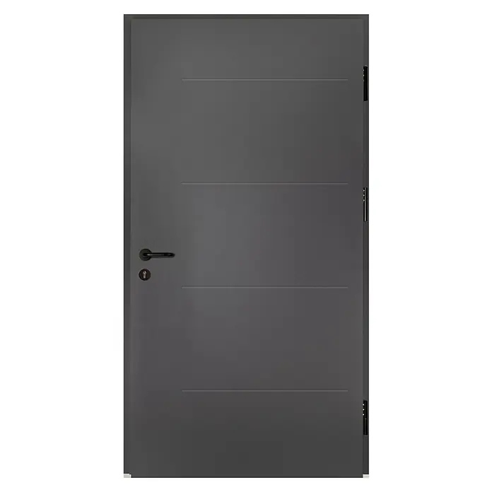Splendoor Haustür Thermodoor PLUS SPL Black Design - 100 x 210 cm, DIN Anschlag: Rechts, Anthrazitgrau Feinstruktur - Graue Tür mit horizontalen Zierleisten, einem schwarzen Türgriff und Schlüsselloch. Ideal für moderne Wohnräume.