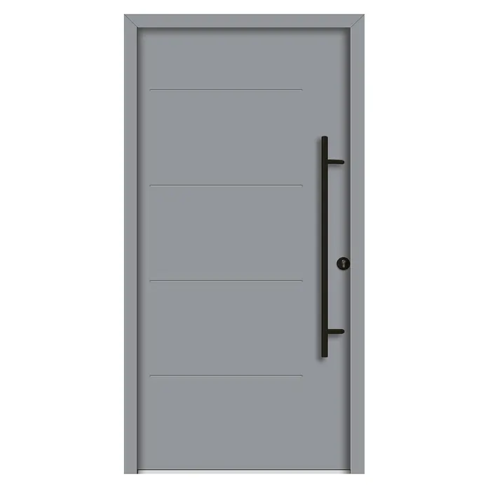Splendoor Haustür Thermodoor PLUS SPL Black Design - 100 x 210 cm, DIN Anschlag: Rechts, Verkehrsgrau - Graue moderne Tür mit horizontalen Linien, langem Griff und Schlüsselloch. Ideal für ein stilvolles Zuhause.