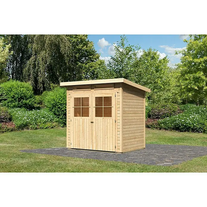 Karibu Gartenhaus Glücksburg - Außenmaß inkl. Dachüberstand (B x T): 242 x 175 cm, Holz, Natur, Grundfläche: 3,02 m² - Ein geräumiges Gartenhaus aus Holz mit Doppeltüren und Fenstern, ideal für die Aufbewahrung von Gartengeräten und -möbeln.