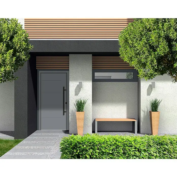 Splendoor Haustür Thermodoor PLUS SPL Black Design - 100 x 210 cm, DIN Anschlag: Rechts, Verkehrsgrau - Moderne Haustür aus grauem Metall mit senkrechtem Griff. Der Hauseingangsbereich ist stilvoll mit Pflanzen und einer Bank dekoriert.