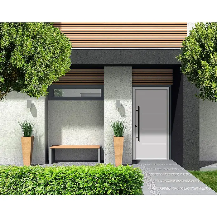 Splendoor Haustür Thermodoor PLUS SPL Black Design - 100 x 210 cm, DIN Anschlag: Links, Verkehrsweiß - Moderne Haustür mit geradlinigem Design, seitlichem Griff und grauer Farbgebung, eingebettet in eine stilvolle Fassade mit Grünanlage.