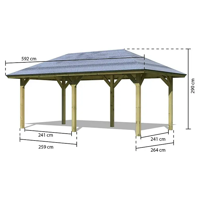 Karibu Gartenpavillon Kirn - Außenmaß inkl. Dachüberstand (B x T): 338 x 592 cm, Holz, Natur - Produktbild eines Holzpavillons mit Maßangaben, das die Abmessungen und Details des Pavillons zeigt.