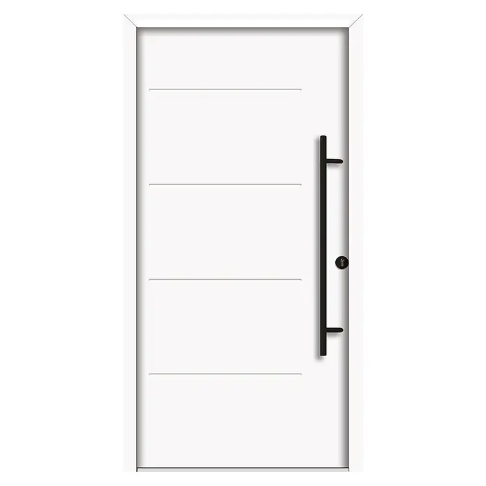 Splendoor Haustür Thermodoor PLUS SPL Black Design - 110 x 210 cm, DIN Anschlag: Rechts, Verkehrsweiß - Elegante, moderne weiße Tür mit einem langen, schwarzen Griff und horizontalen Akzentlinien. Ideal für stilvolle Hauseingänge.